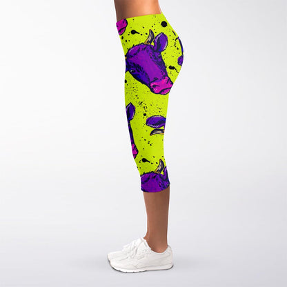 Lime Green And Purple Cow Pattern Print Women's Capri Leggings