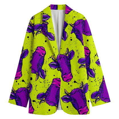 Lime Green And Purple Cow Pattern Print Women's Cotton Blazer