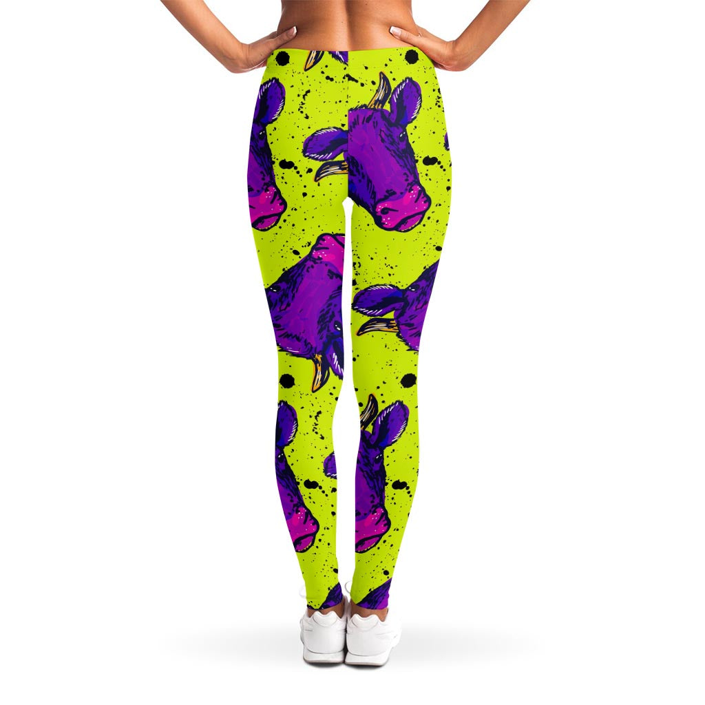 Lime Green And Purple Cow Pattern Print Women's Leggings