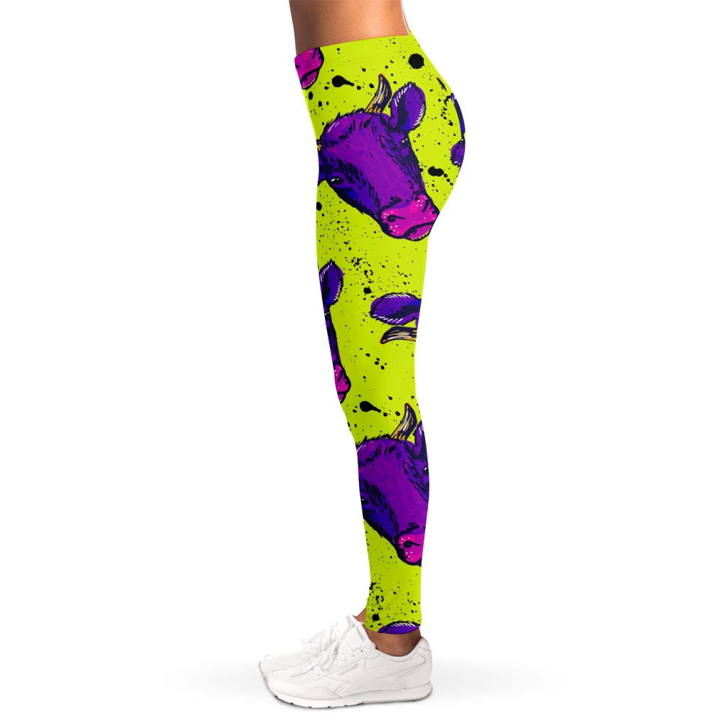 Lime Green And Purple Cow Pattern Print Women's Leggings