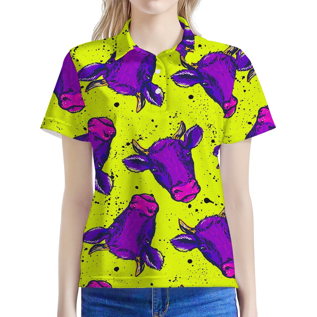 Lime Green And Purple Cow Pattern Print Women's Polo Shirt