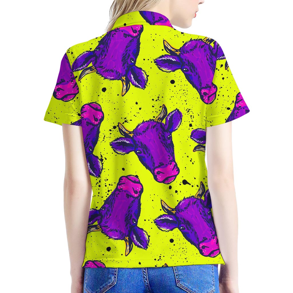 Lime Green And Purple Cow Pattern Print Women's Polo Shirt