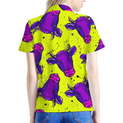 Lime Green And Purple Cow Pattern Print Women's Polo Shirt