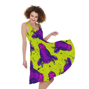 Lime Green And Purple Cow Pattern Print Sleeveless Knee Length Dress GearFrost Lime Green And Purple Cow Pattern Print Sleeveless Knee Length Dress GearFrost