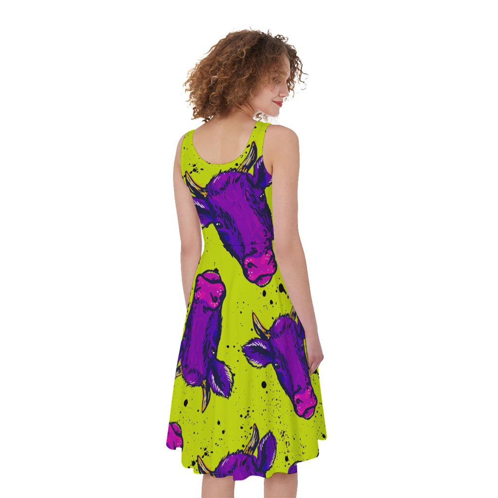 Lime Green And Purple Cow Pattern Print Women's Sleeveless Dress