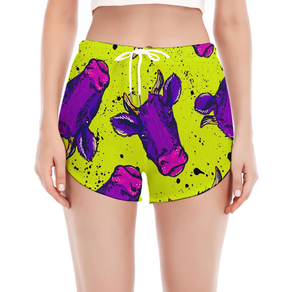 Lime Green And Purple Cow Pattern Print Women's Split Running Shorts