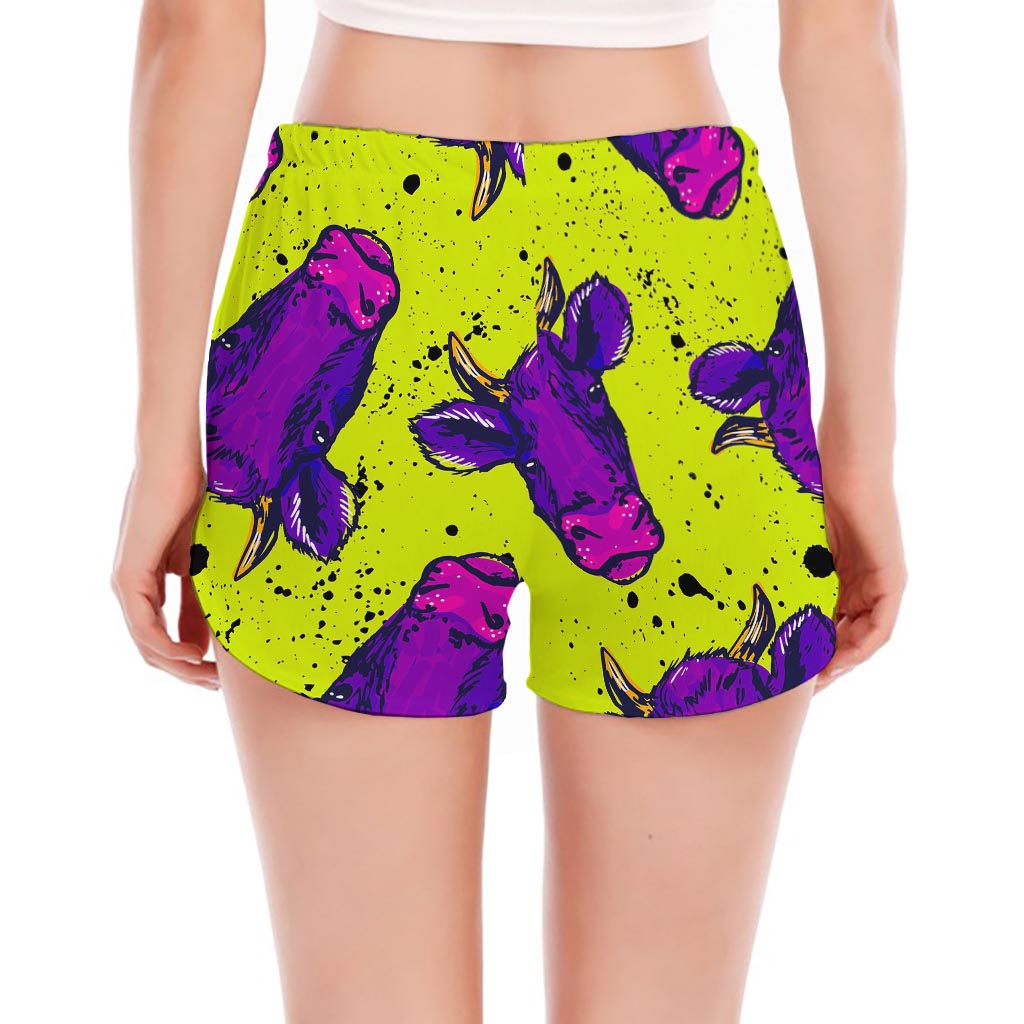 Lime Green And Purple Cow Pattern Print Women's Split Running Shorts