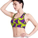 Lime Green And Purple Cow Pattern Print Women's Sports Bra