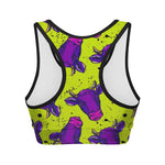 Lime Green And Purple Cow Pattern Print Women's Sports Bra
