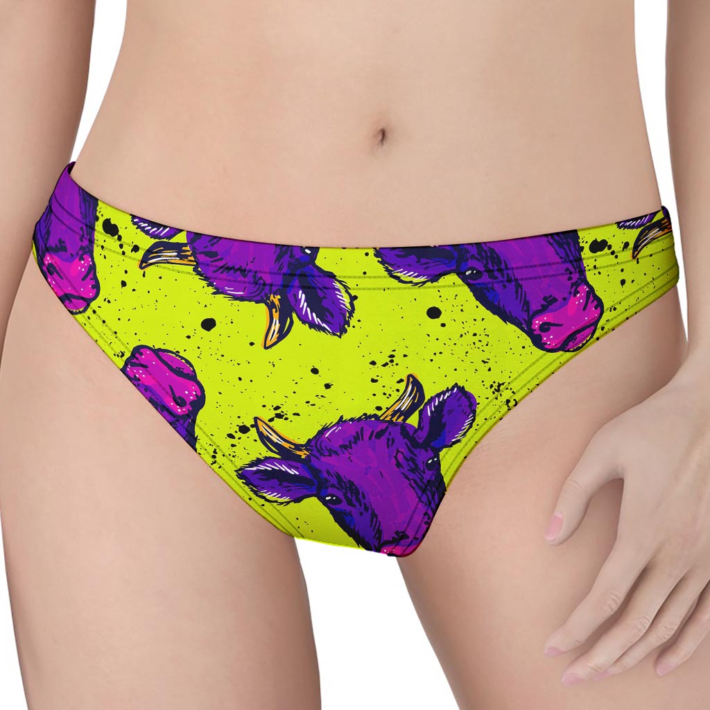 Lime Green And Purple Cow Pattern Print Women's Thong