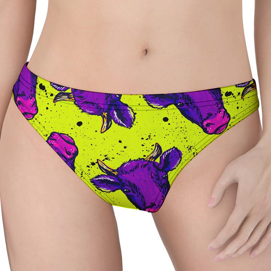 Lime Green And Purple Cow Pattern Print Women's Thong