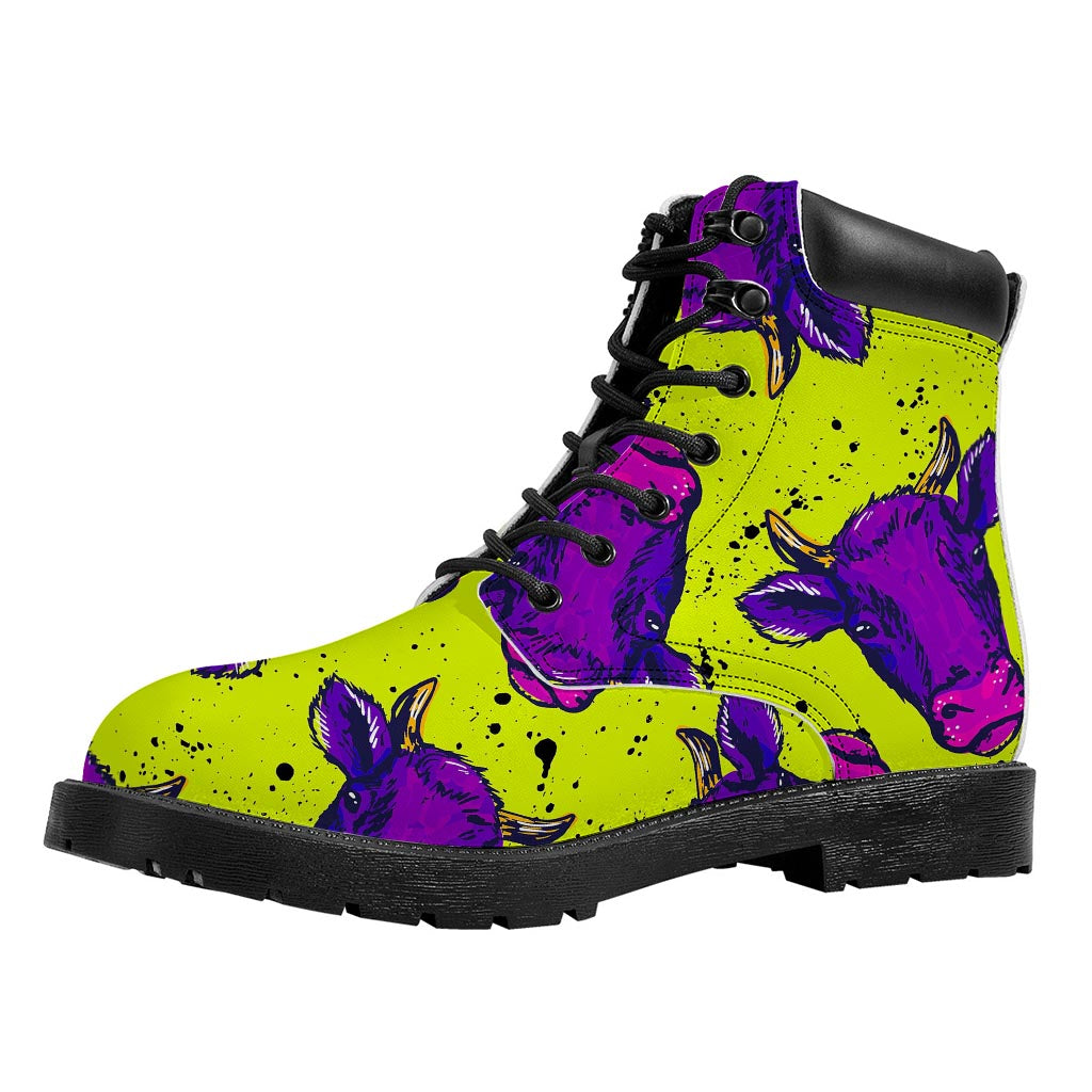 Lime Green And Purple Cow Pattern Print Work Boots