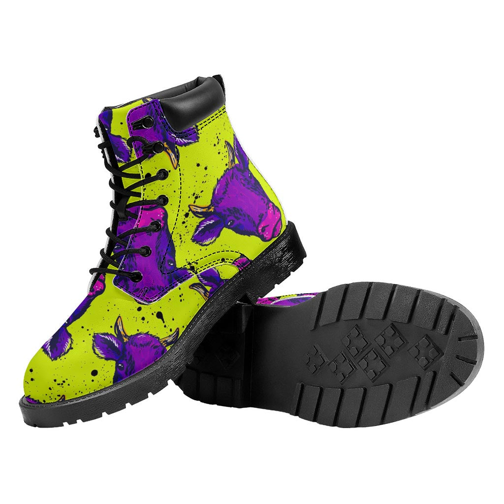 Lime Green And Purple Cow Pattern Print Work Boots