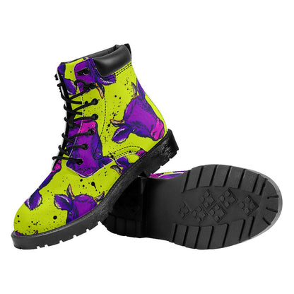 Lime Green And Purple Cow Pattern Print Work Boots