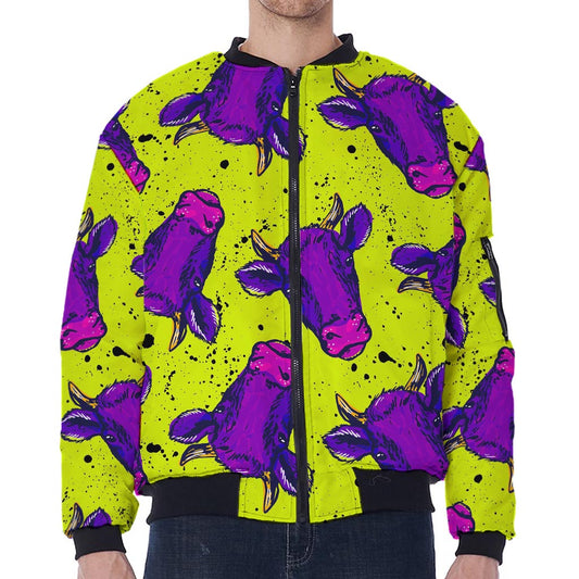 Lime Green And Purple Cow Pattern Print Zip Sleeve Bomber Jacket