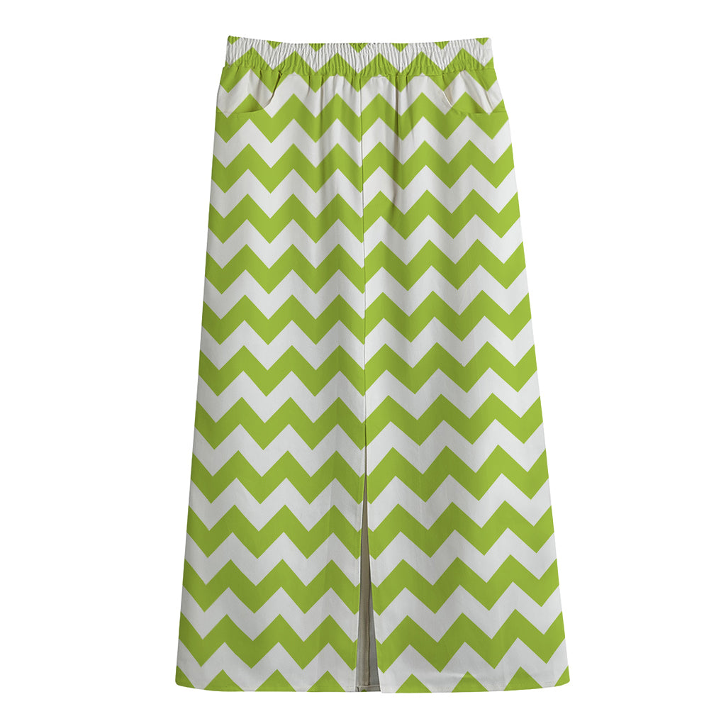 Lime Green And White Chevron Print Cotton Front Slit Maxi Skirt
