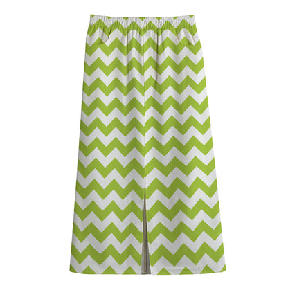 Lime Green And White Chevron Print Cotton Front Slit Maxi Skirt
