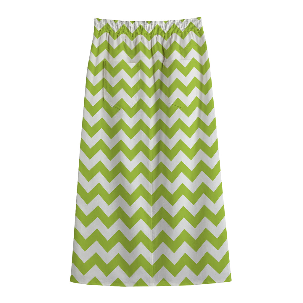 Lime Green And White Chevron Print Cotton Front Slit Maxi Skirt