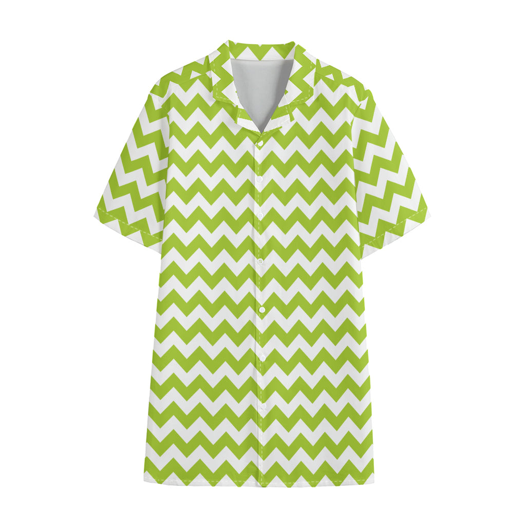 Lime Green And White Chevron Print Cotton Hawaiian Shirt