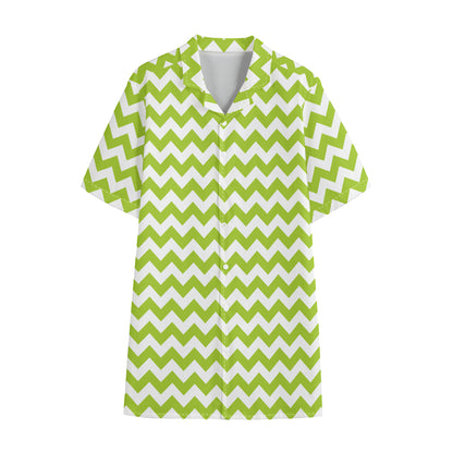 Lime Green And White Chevron Print Cotton Hawaiian Shirt