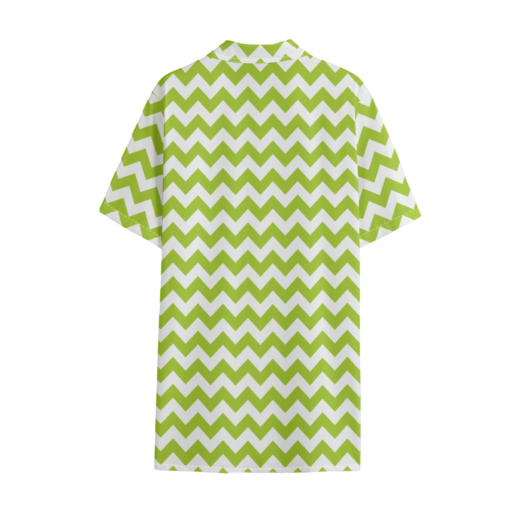 Lime Green And White Chevron Print Cotton Hawaiian Shirt