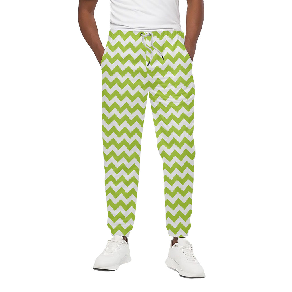 Lime Green And White Chevron Print Cotton Pants