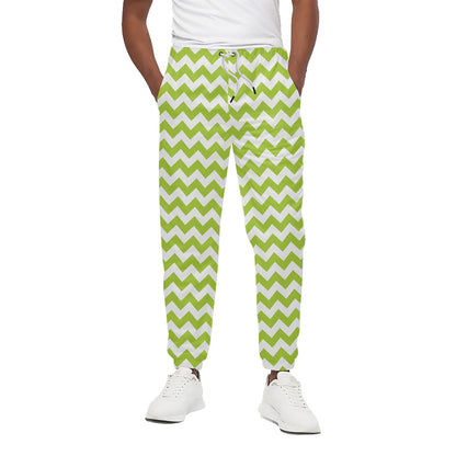 Lime Green And White Chevron Print Cotton Pants