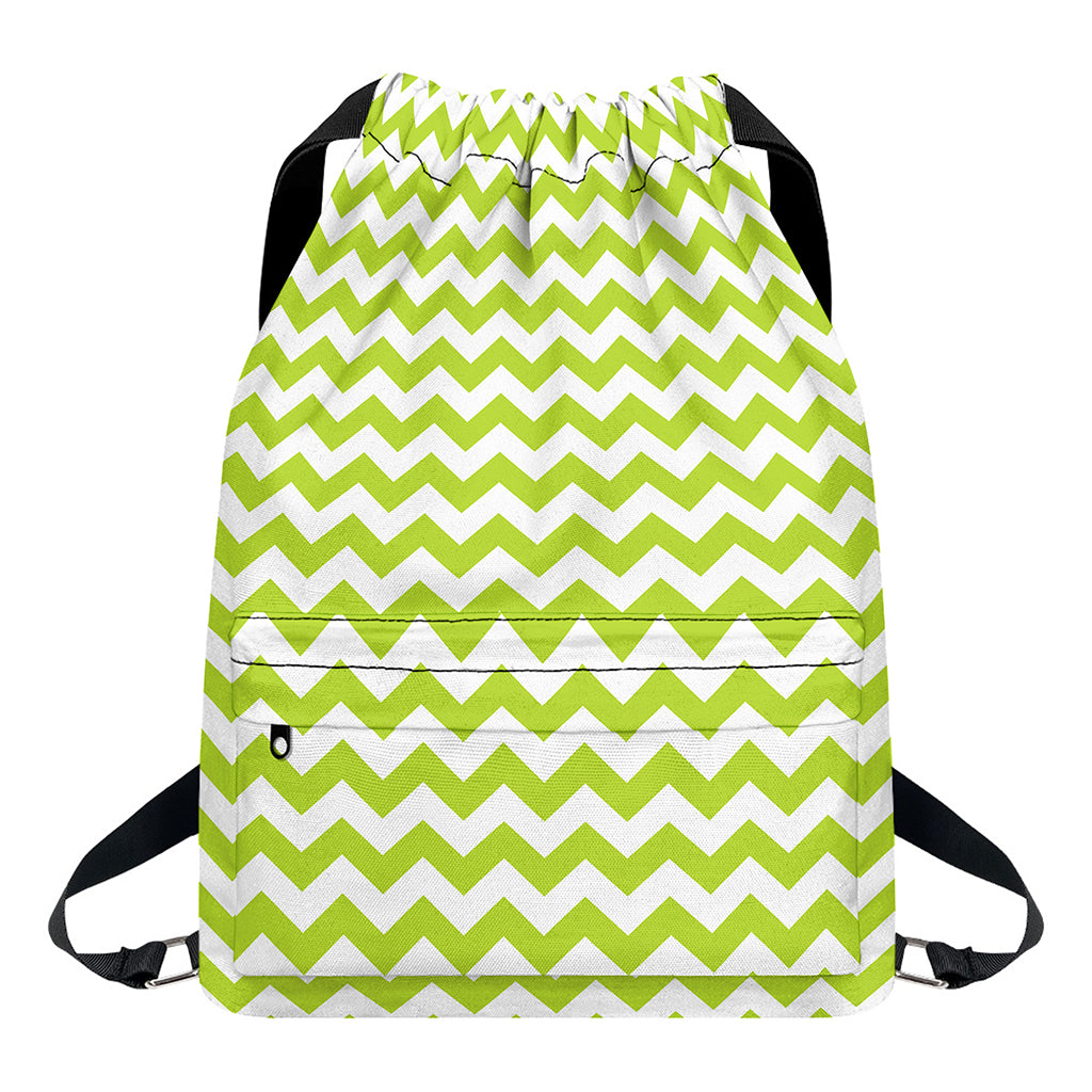 Lime Green And White Chevron Print Drawstring Backpack