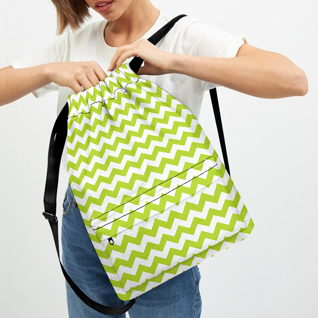 Lime Green And White Chevron Print Drawstring Backpack