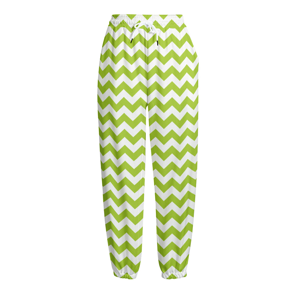 Lime Green And White Chevron Print Fleece Lined Knit Pants