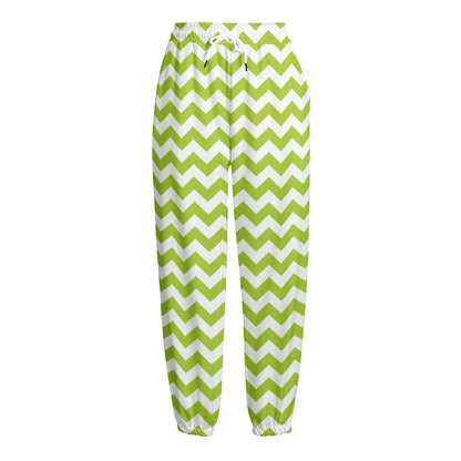 Lime Green And White Chevron Print Fleece Lined Knit Pants