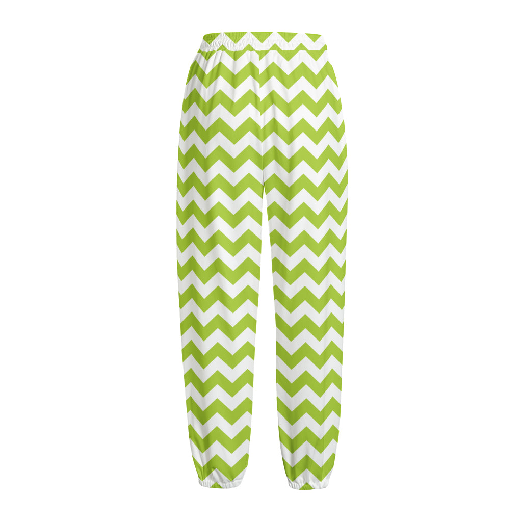 Lime Green And White Chevron Print Fleece Lined Knit Pants