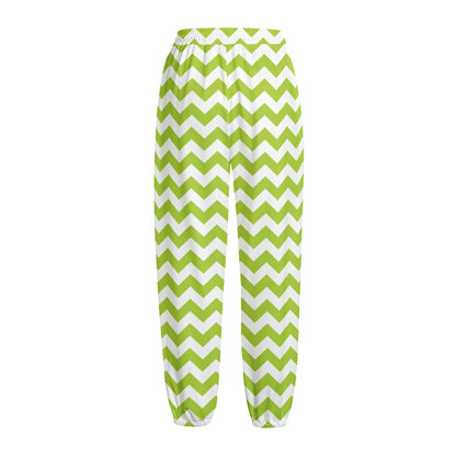 Lime Green And White Chevron Print Fleece Lined Knit Pants