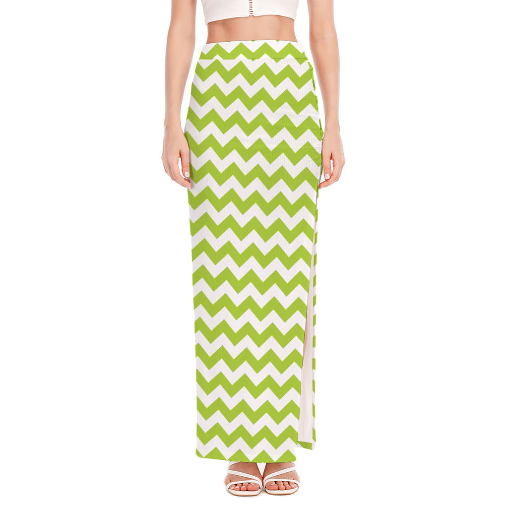 Lime Green And White Chevron Print High Slit Maxi Skirt