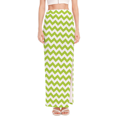 Lime Green And White Chevron Print High Slit Maxi Skirt