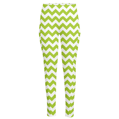 Lime Green And White Chevron Print High-Waisted Pocket Leggings