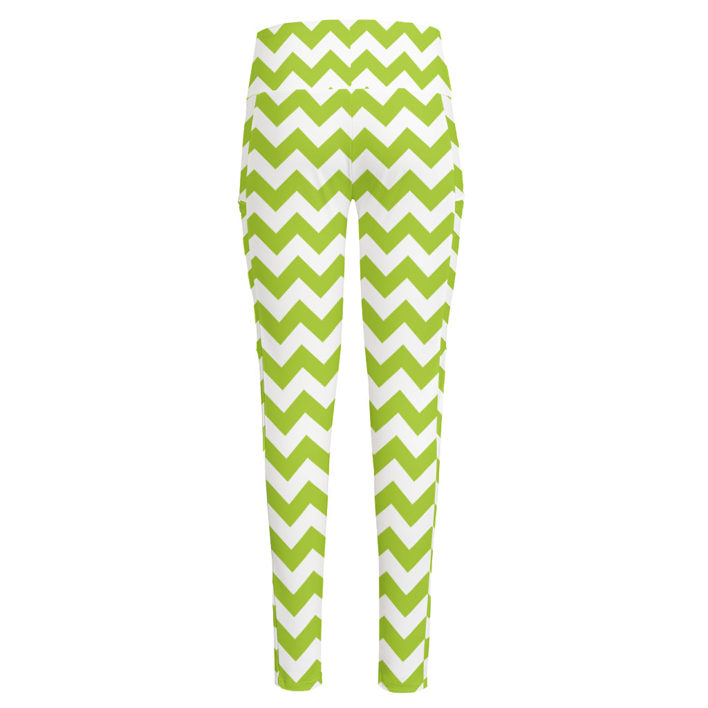 Lime Green And White Chevron Print High-Waisted Pocket Leggings