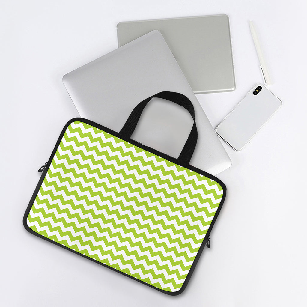 Lime Green And White Chevron Print Laptop Sleeve With Handle
