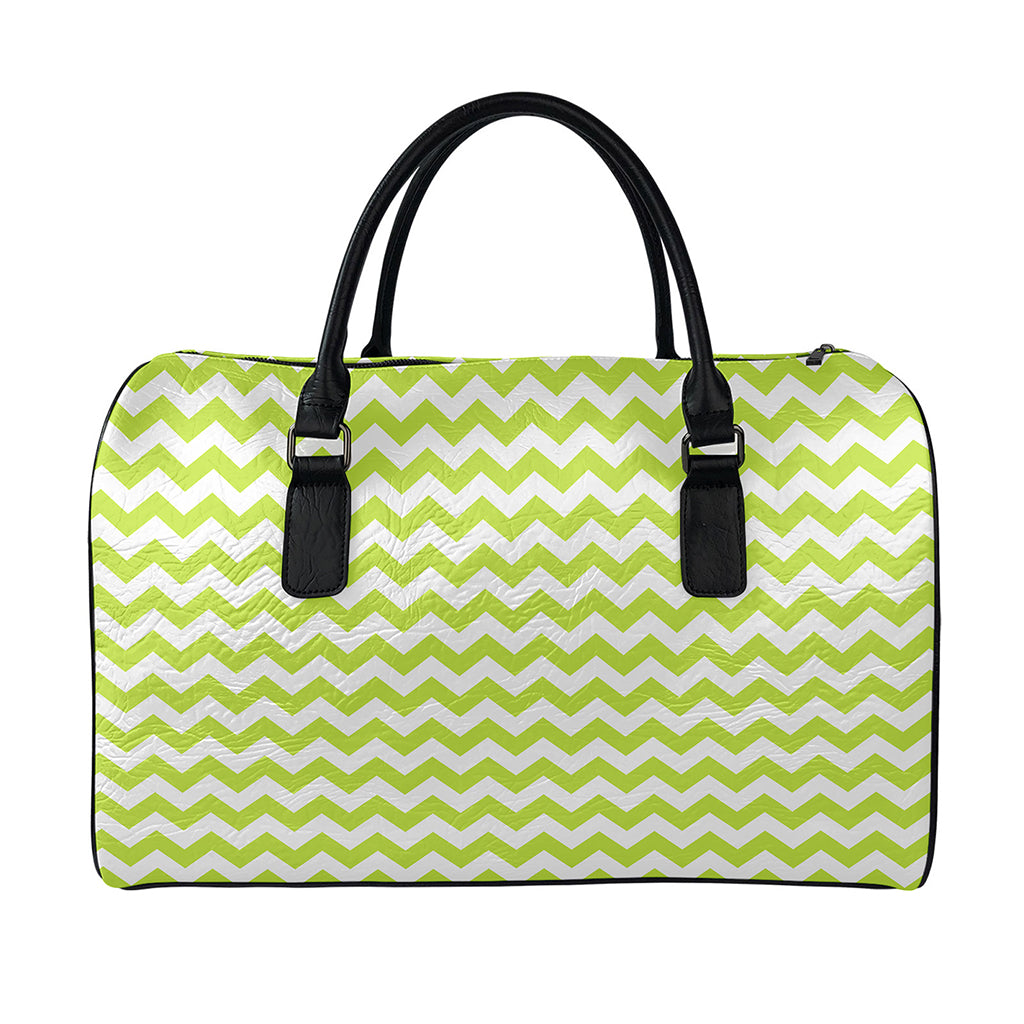Lime Green And White Chevron Print Leather Duffle Bag