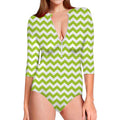 Lime Green And White Chevron Print Long Sleeve Swimsuit
