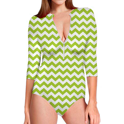 Lime Green And White Chevron Print Long Sleeve Swimsuit