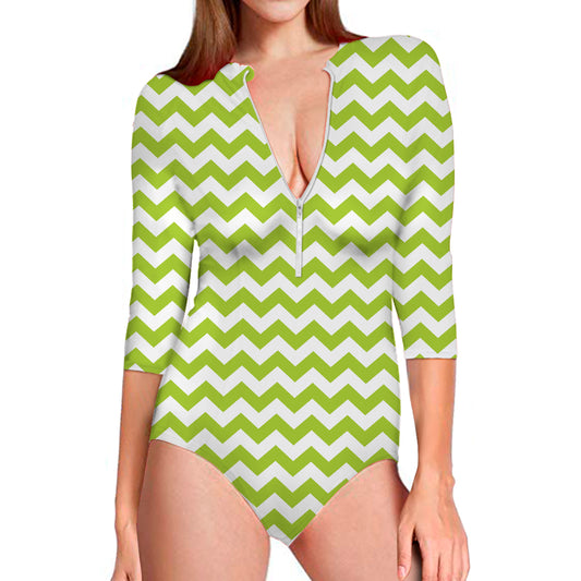 Lime Green And White Chevron Print Long Sleeve Swimsuit