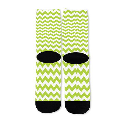 Lime Green And White Chevron Print Long Socks