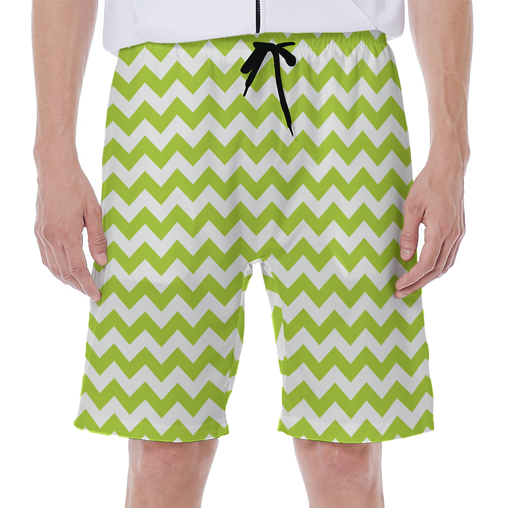 Lime Green And White Chevron Print Men's Beach Shorts