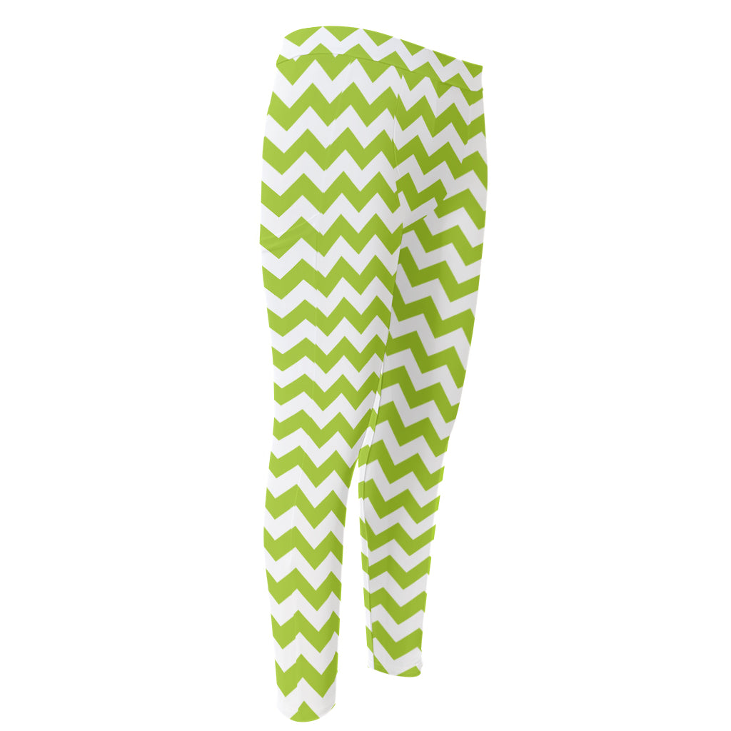 Lime Green And White Chevron Print Men's Compression Pants