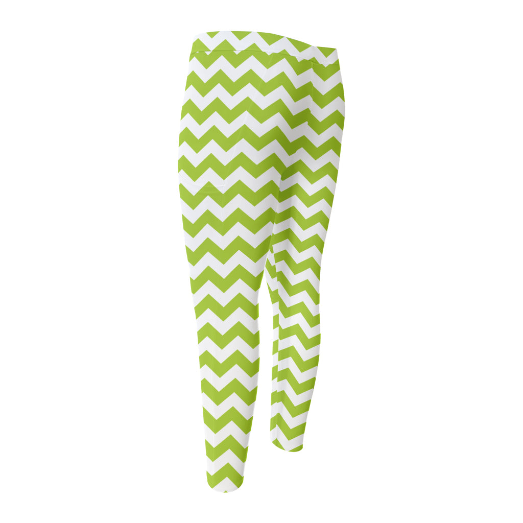Lime Green And White Chevron Print Men's Compression Pants