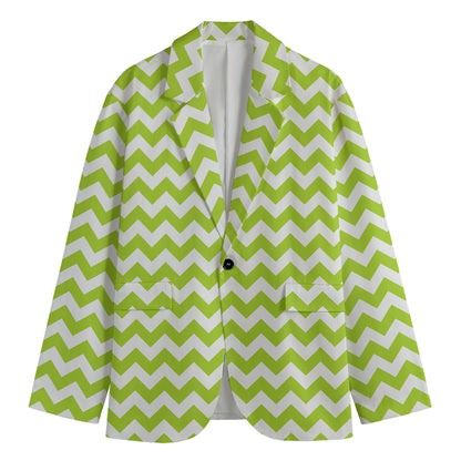Lime Green And White Chevron Print Men's Cotton Blazer