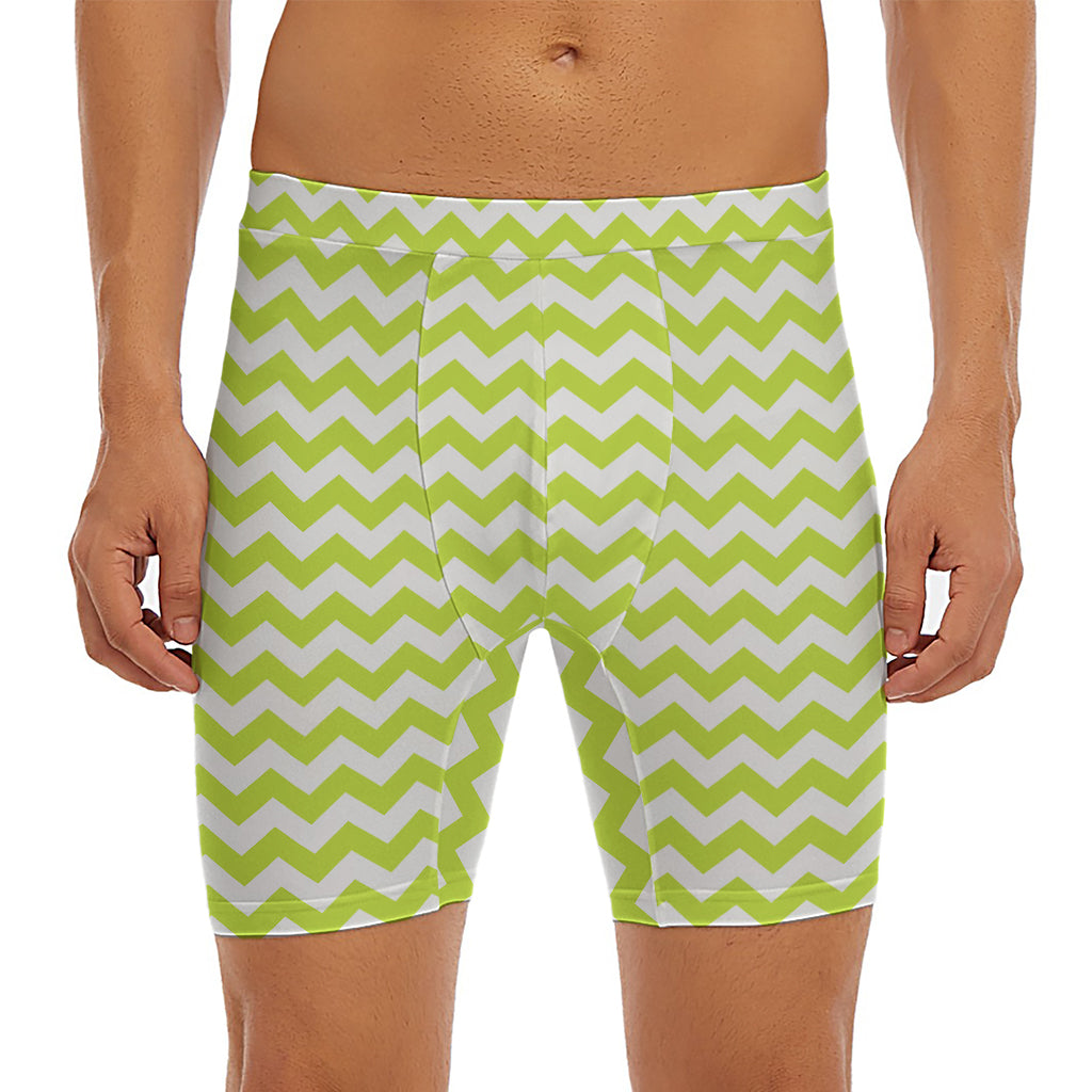 Lime Green And White Chevron Print Men's Long Boxer Briefs