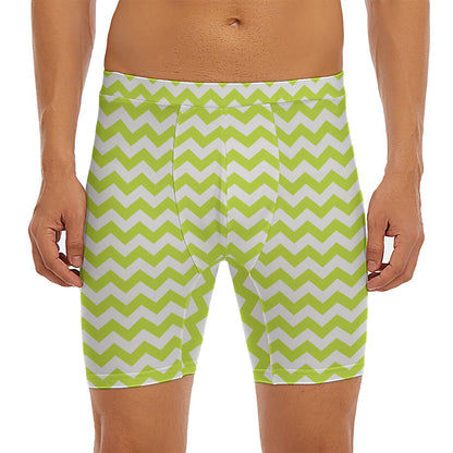 Lime Green And White Chevron Print Men's Long Boxer Briefs