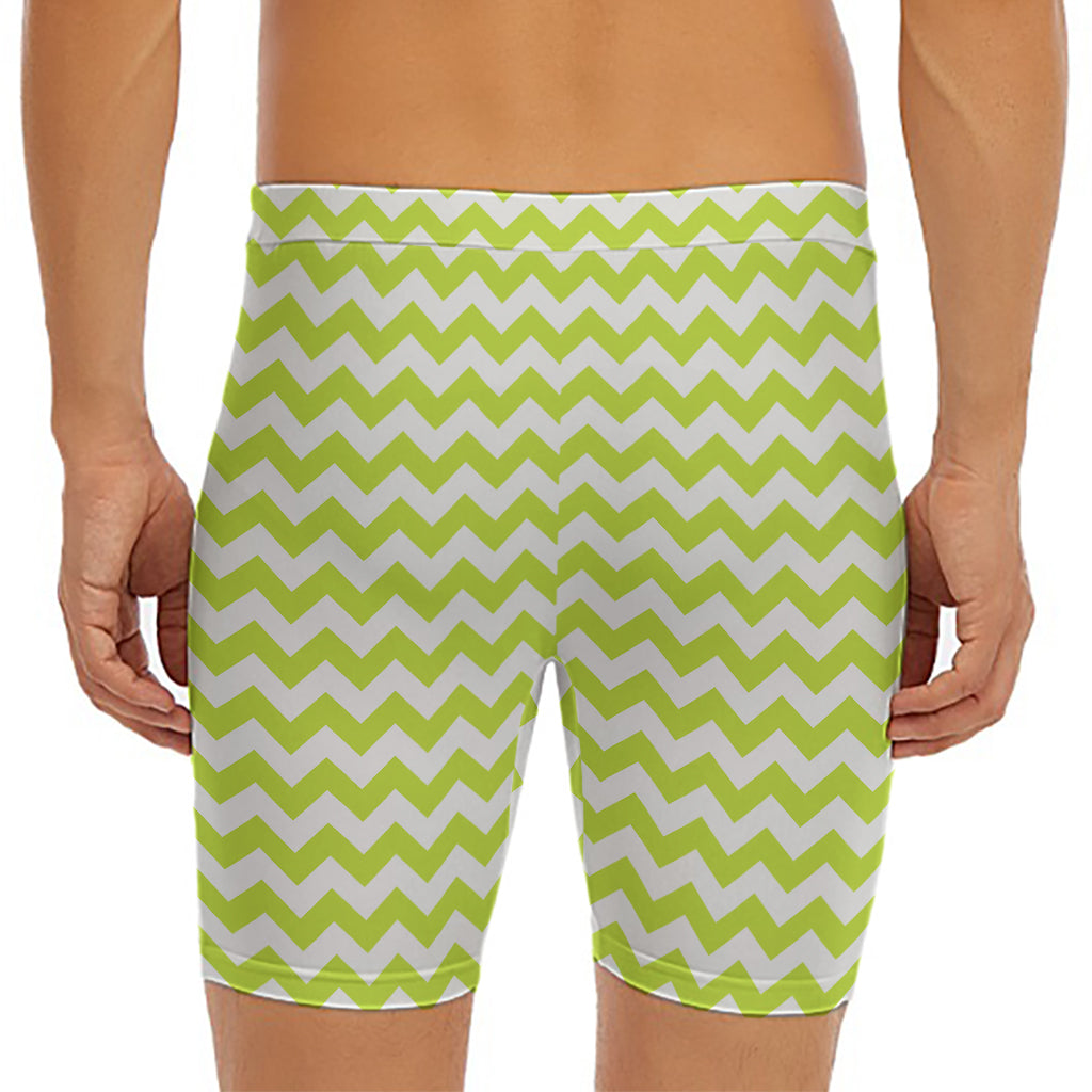 Lime Green And White Chevron Print Men's Long Boxer Briefs